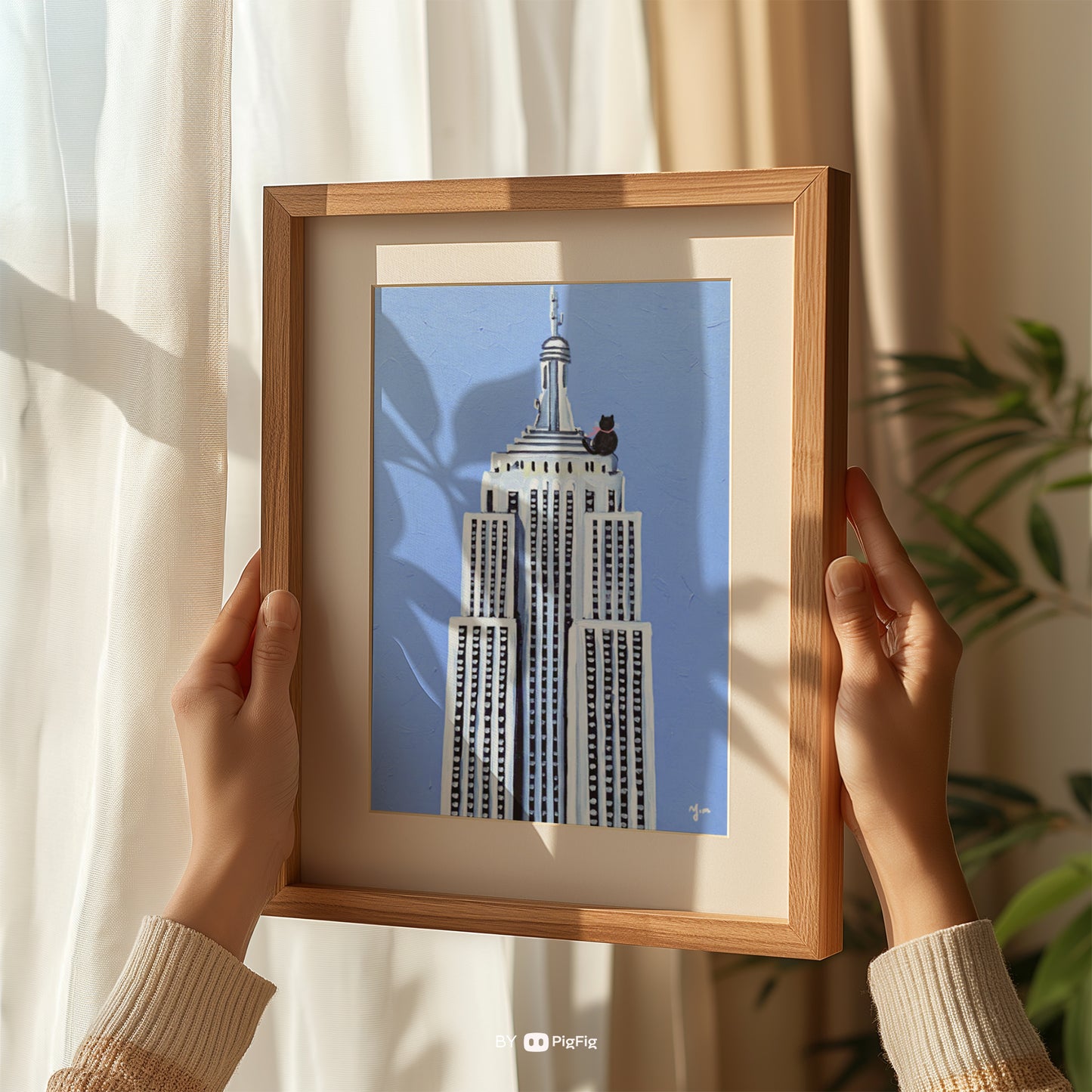 Cat on a Rooftop in New York City Blue Sky and White Building Wall Art Print Poster