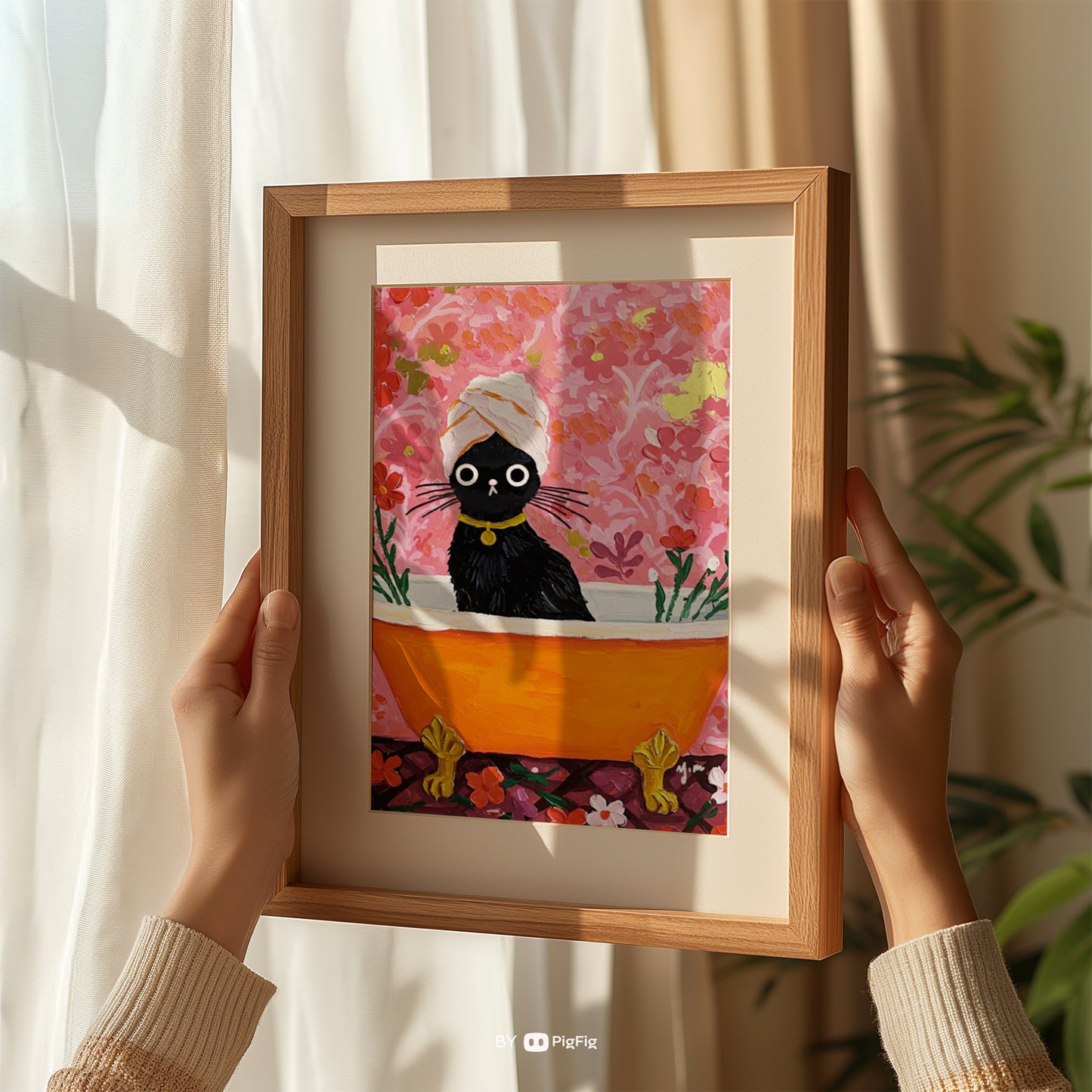 Black cat taking a bath in vivid orange pink minimal bathtub art print modern wall decor for bathroom