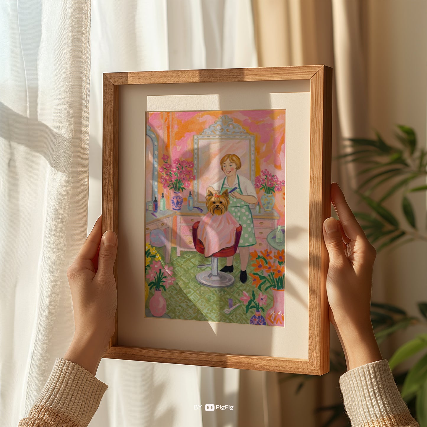 Yorkshire Terrier getting styled at hair salon vibrant pink and orange floral background cute dog art print wall decor Poster