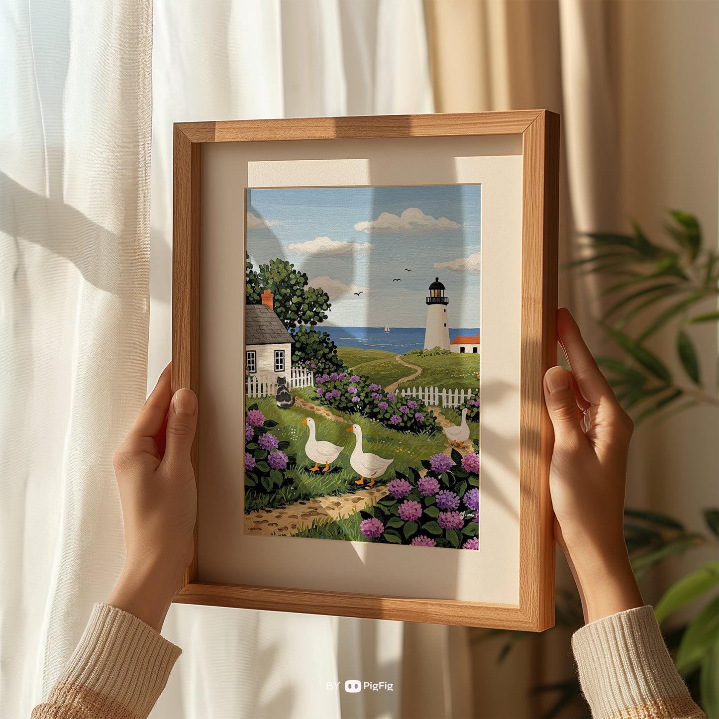 Countryside Ocean Landscape Painting Countryside Ocean Lighthouse Handdrawn Coastal Wildflower Field Cat Art Ducks Beach Illustration Animal Cat