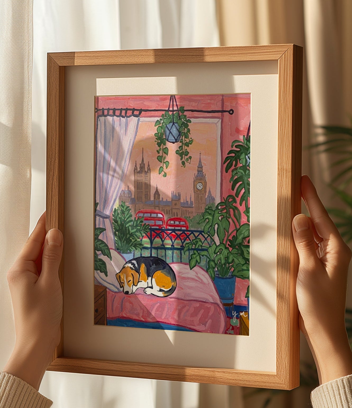 Sleeping dog on bed in a cozy plant filled room with a beautiful view of London cityscape Poster