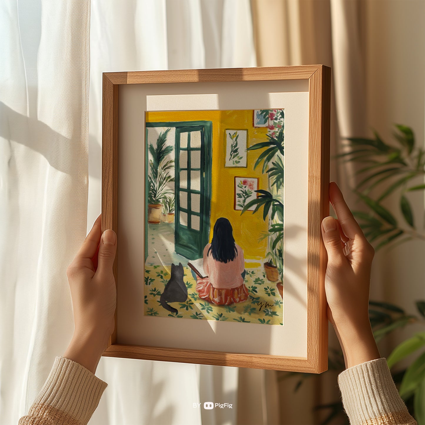 Crazy Cat Lady Art Print Poster Kitty Illustration Leaf Fig Plant Wall Art Colorful Poster Cat in Open Door Henri Matisse inspired wall art