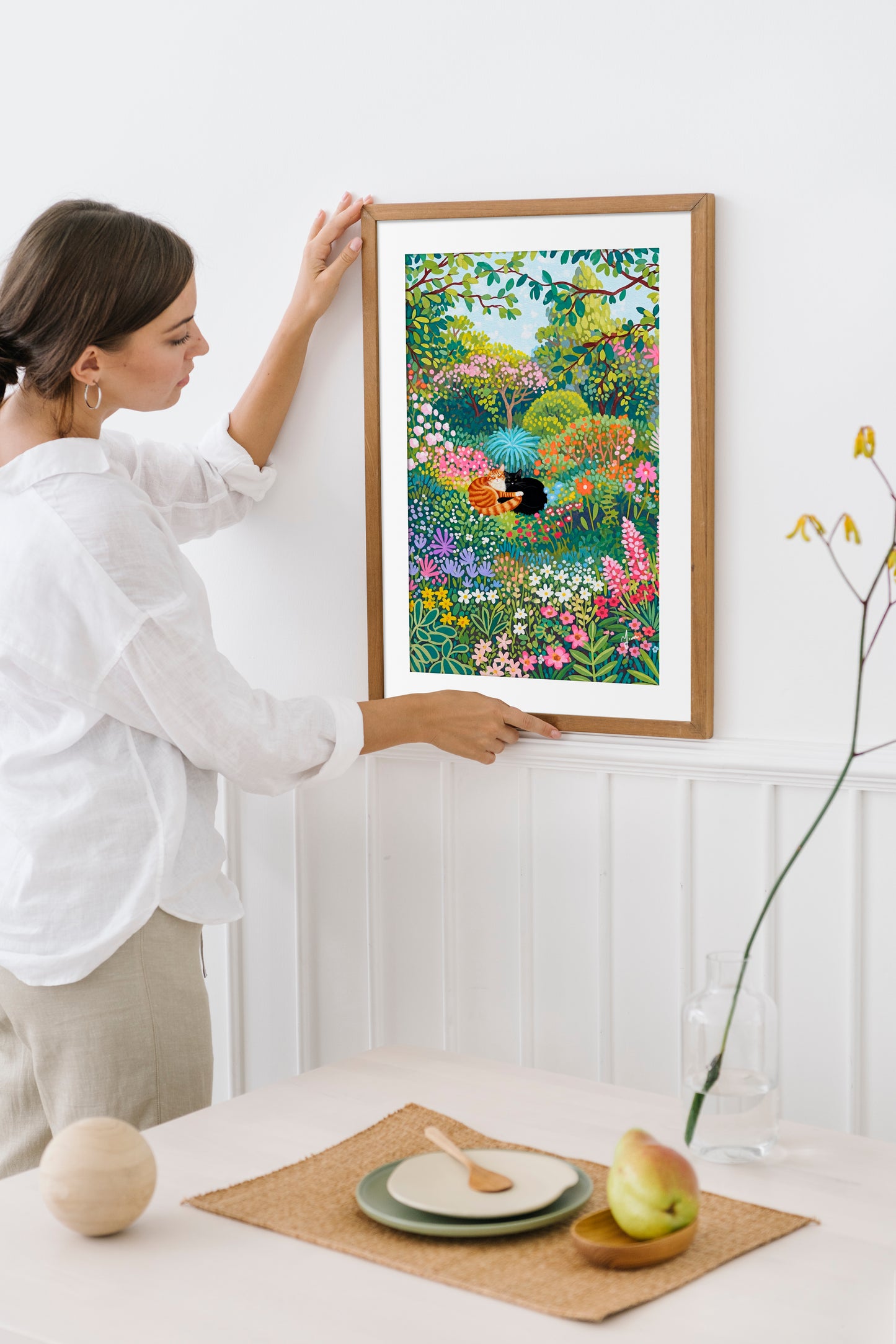 Botanical Flower Garden with Couple Cat Print Poster Plant Cat Print living room modern cat poster Vibrant Colorful Floral Art Watercolor Cat