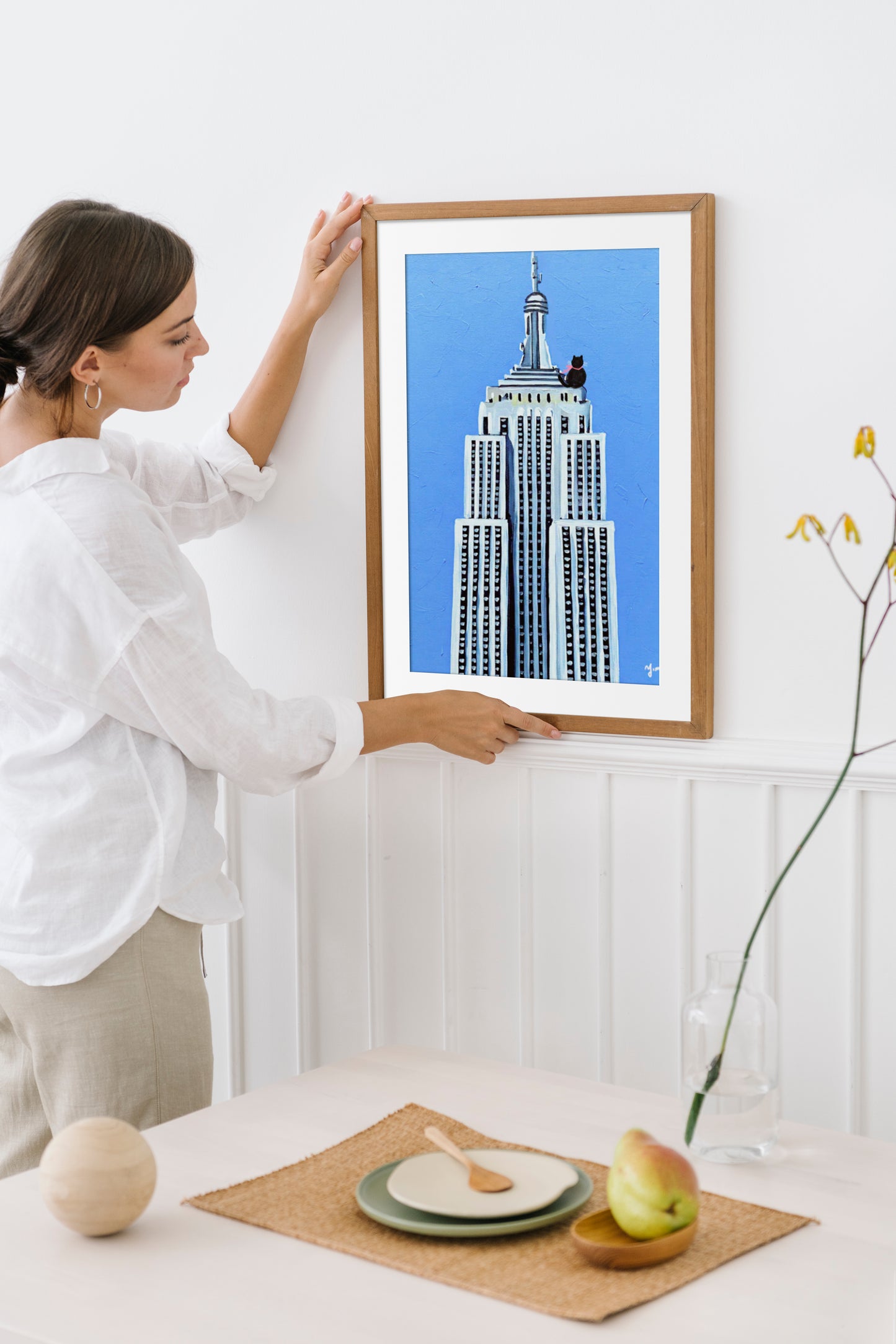 Cat on a Rooftop in New York City Blue Sky and White Building Wall Art Print Poster