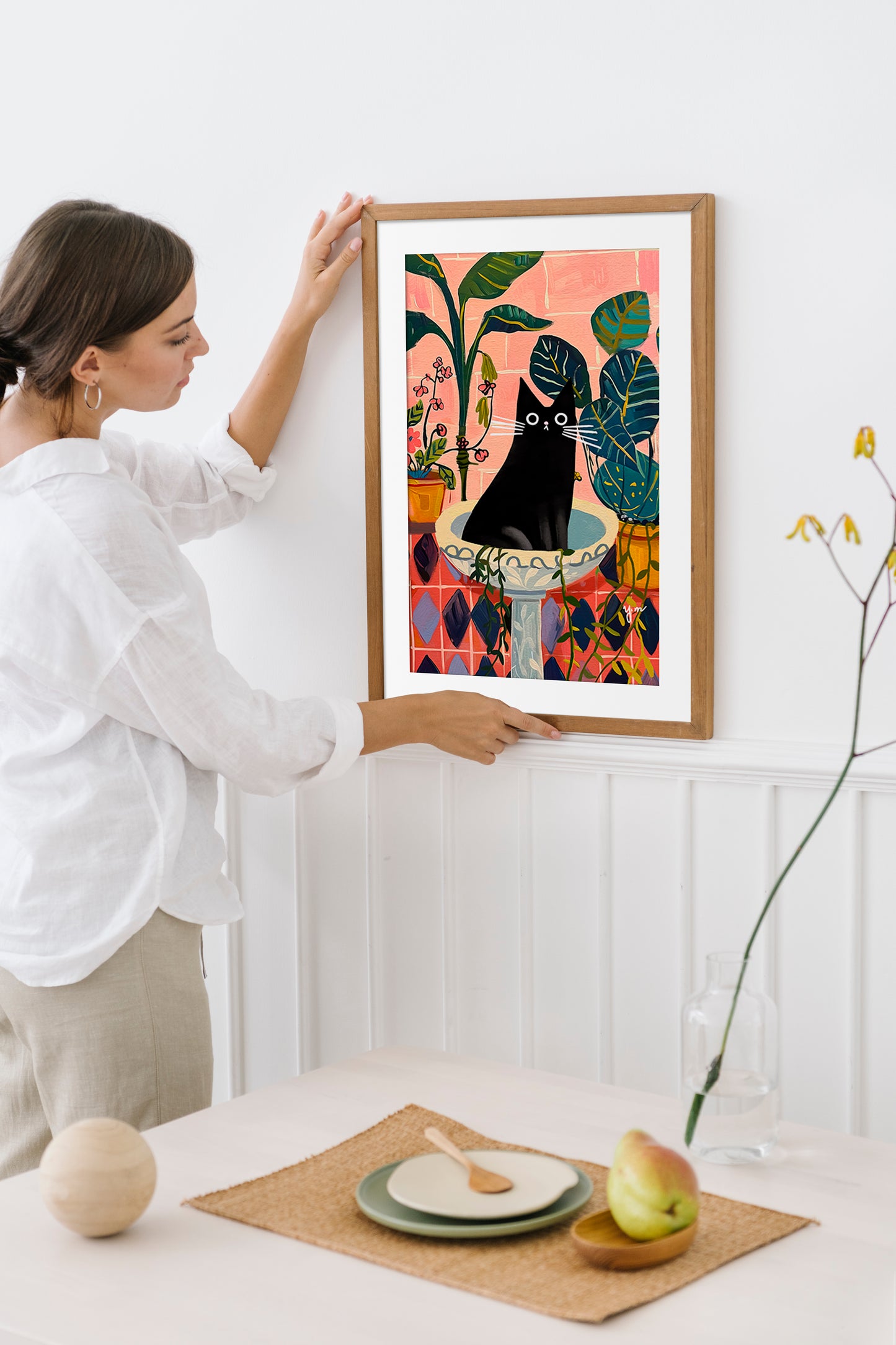 Black Cat Art Print in Tropical Indoor Garden Whimsical Illustration for Plant and Cat Lovers