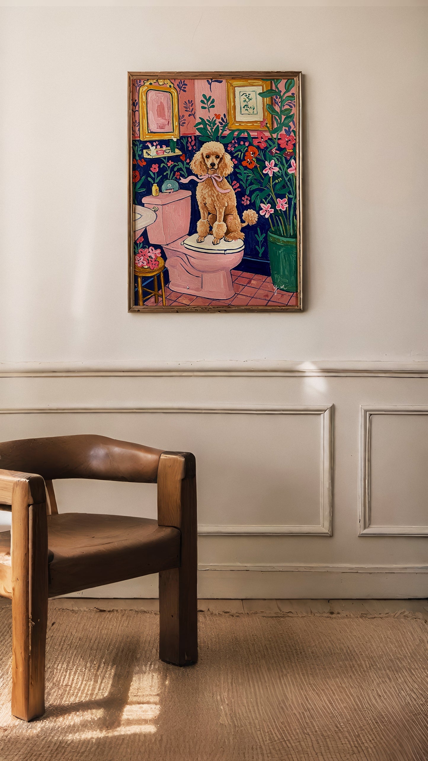 Toy poodle on Toilet Aesthetic pink bathroom wall art Henri Matisse art print Dopamine decor Gift for dog lovers Funny dog poster Fluffy dog