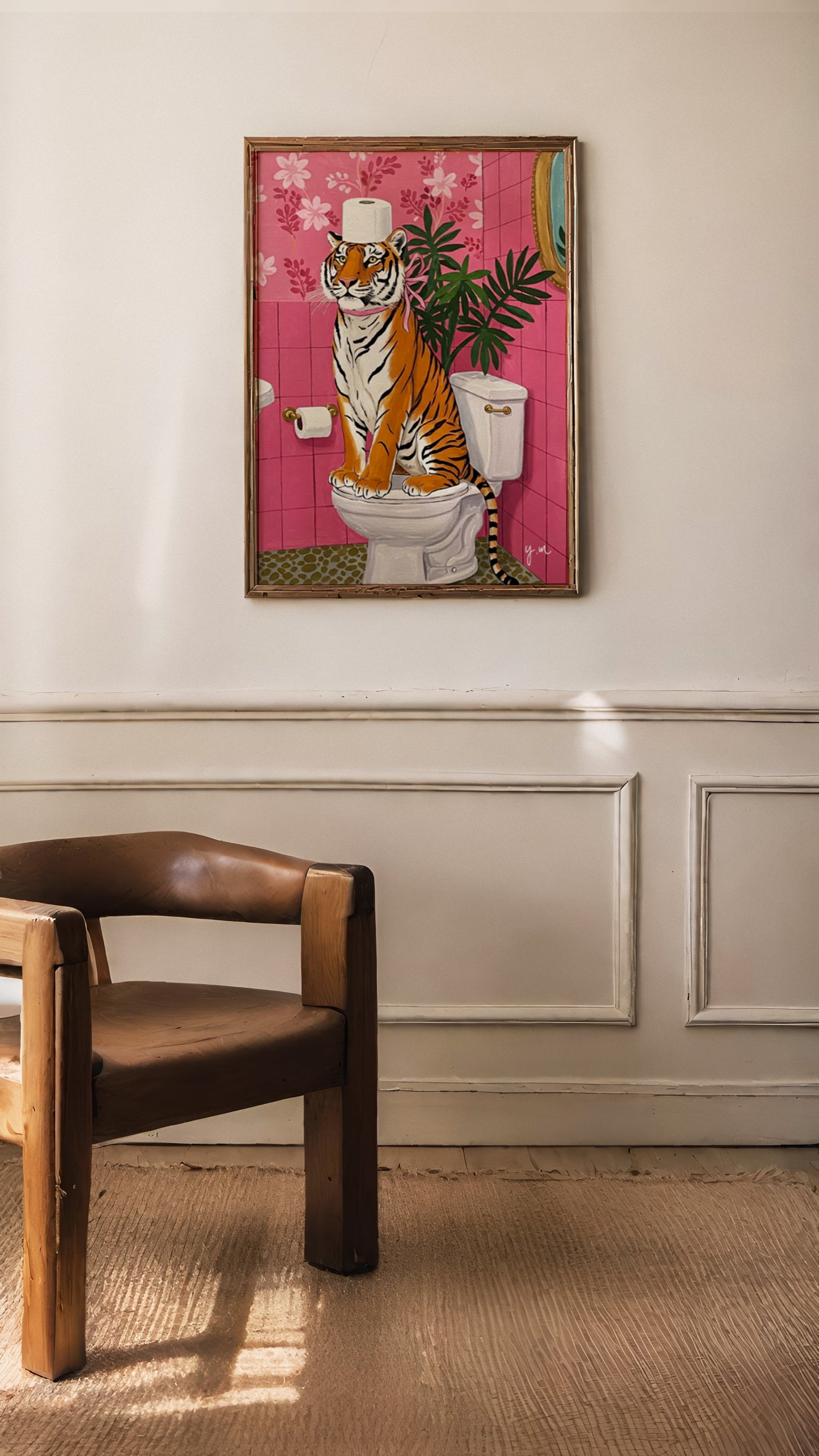 A colorful tiger sitting on a toilet in a tropical jungle-themed bathroom with bold dopamine colors and maximalist safari decor style