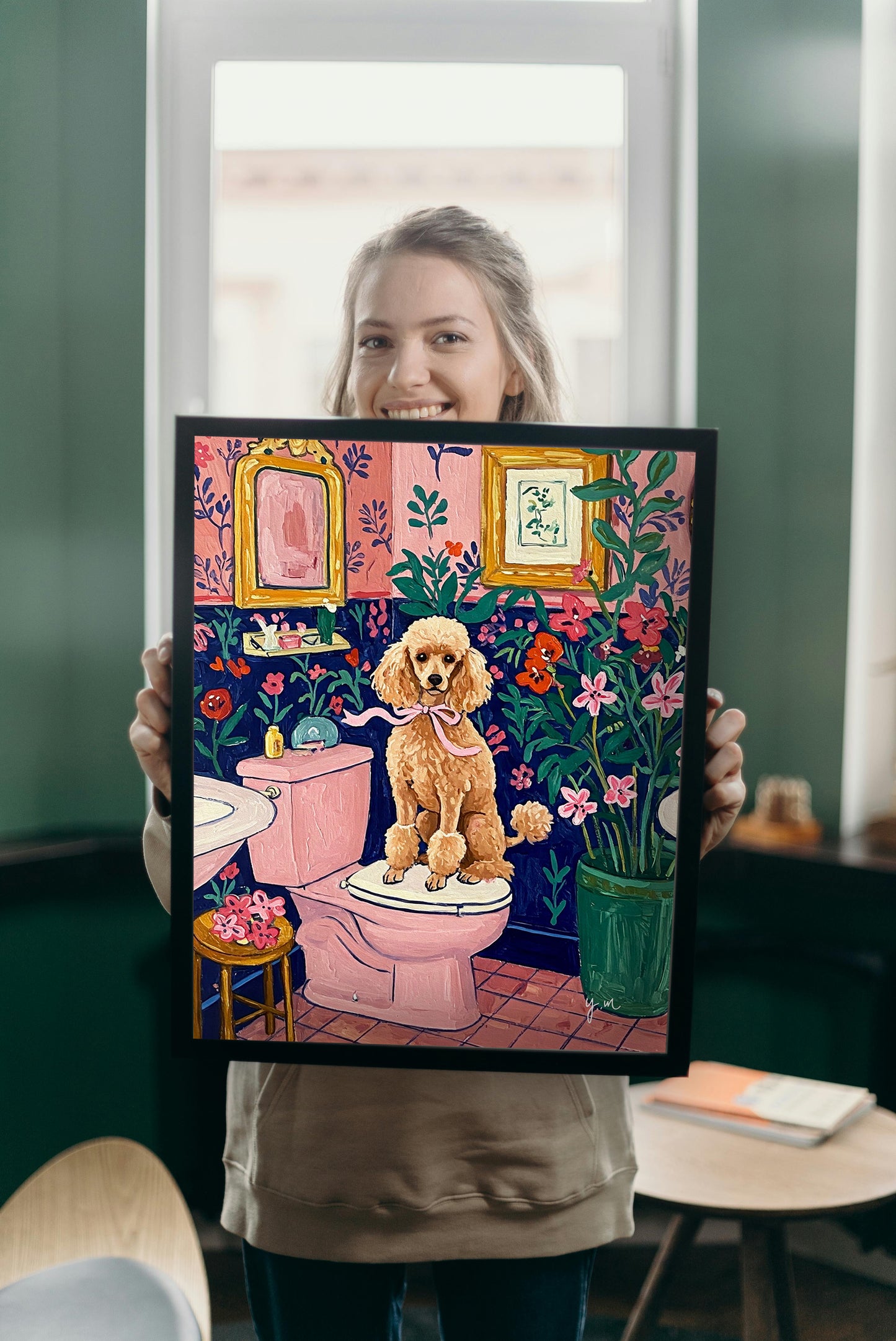Toy poodle on Toilet Aesthetic pink bathroom wall art Henri Matisse art print Dopamine decor Gift for dog lovers Funny dog poster Fluffy dog