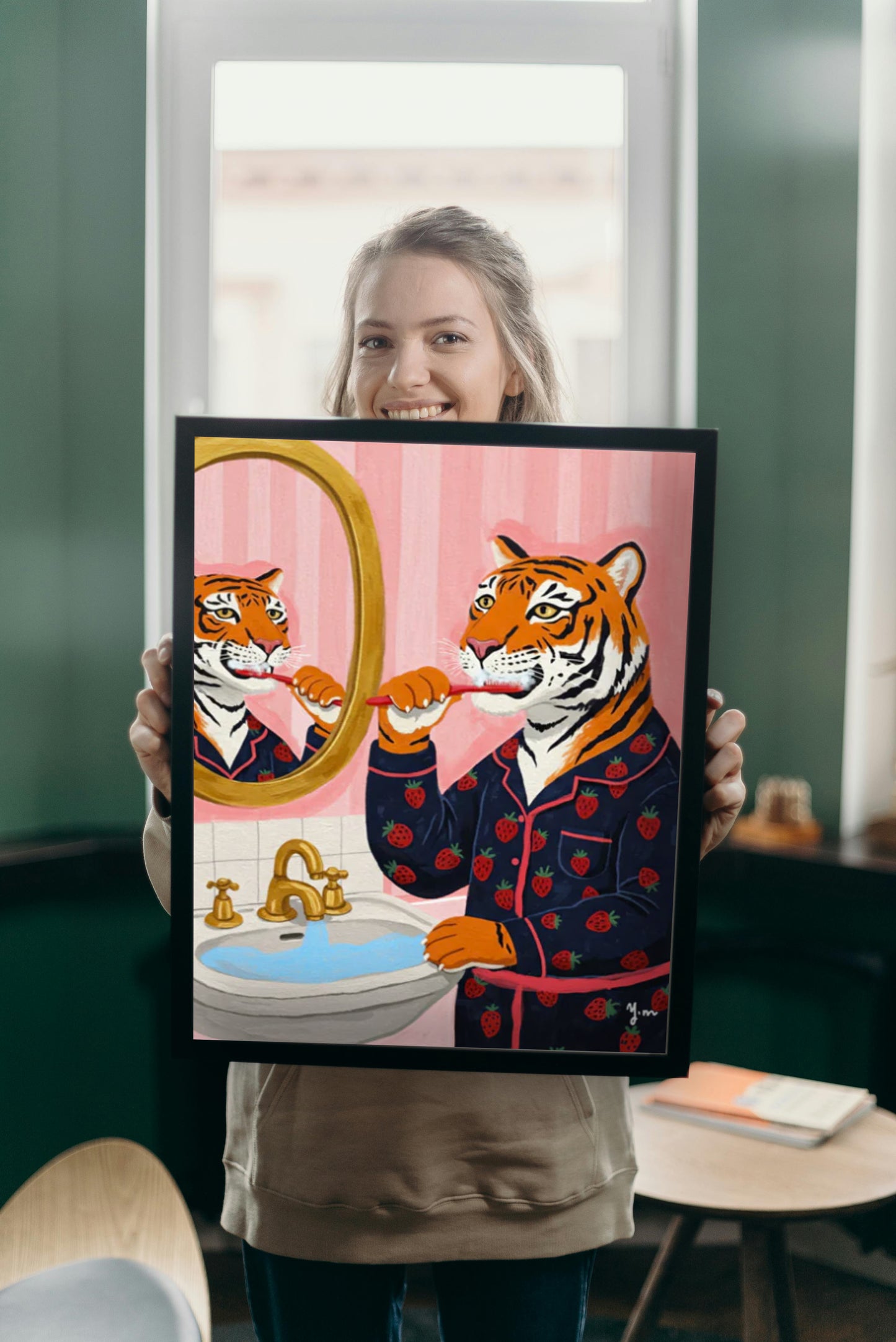 Tiger brushing teeth in pink bathroom mirror cute animal illustration fun kids room art print wall decor gift Poster