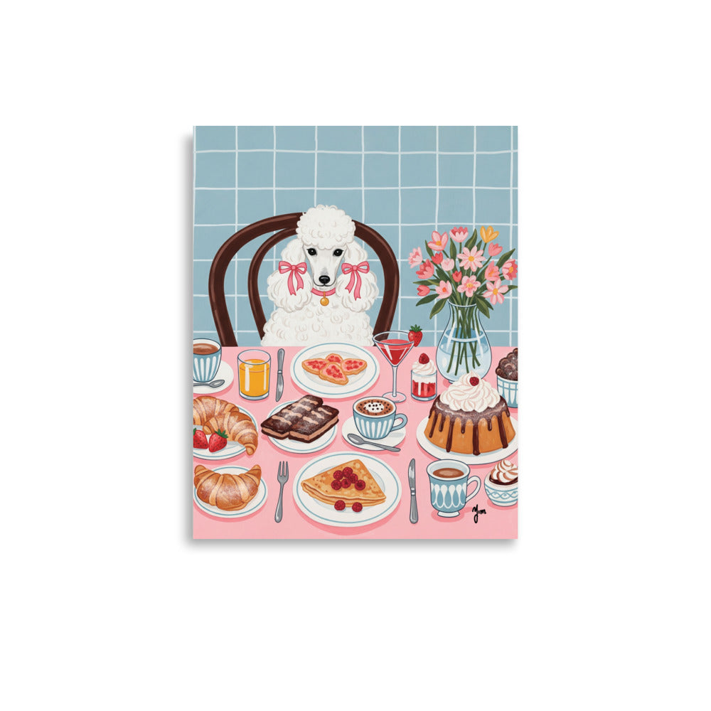 Cute white poodle sitting at dining table waiting for food, dog lover wall art print for home decor.