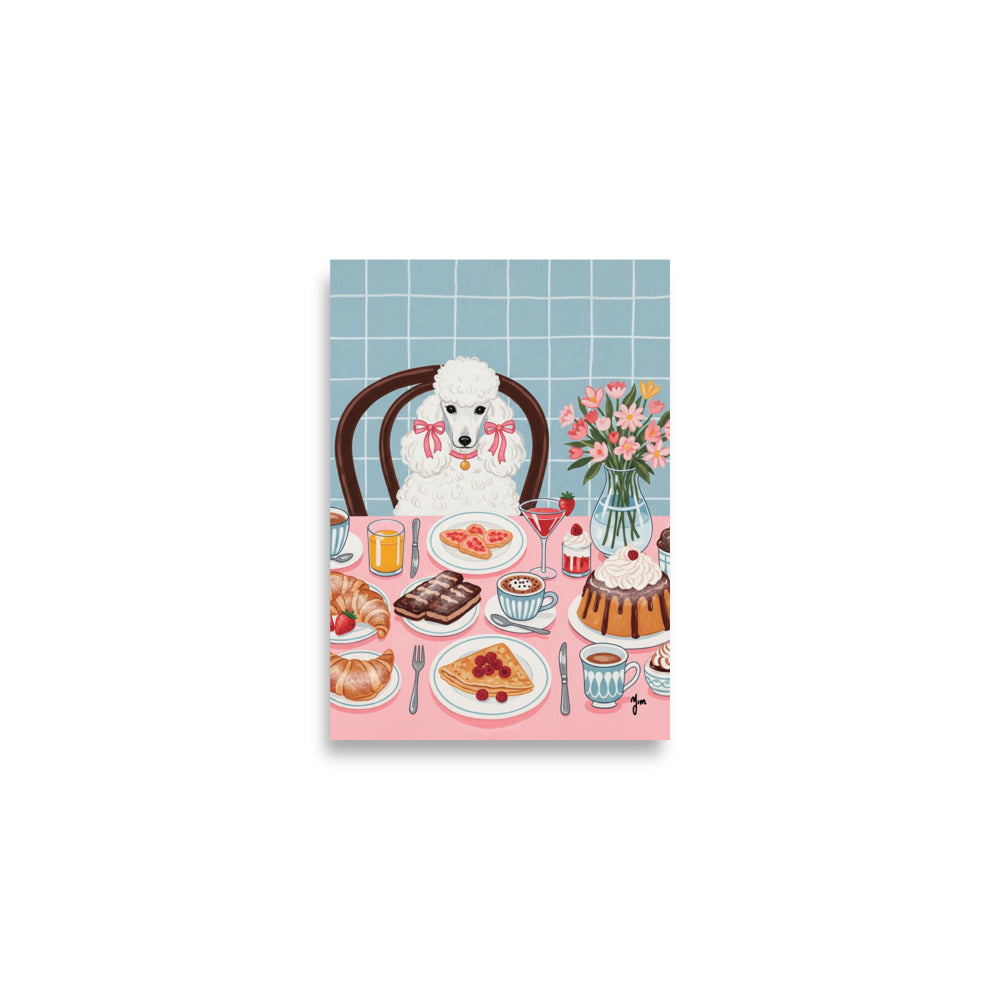 Cute white poodle sitting at dining table waiting for food, dog lover wall art print for home decor.
