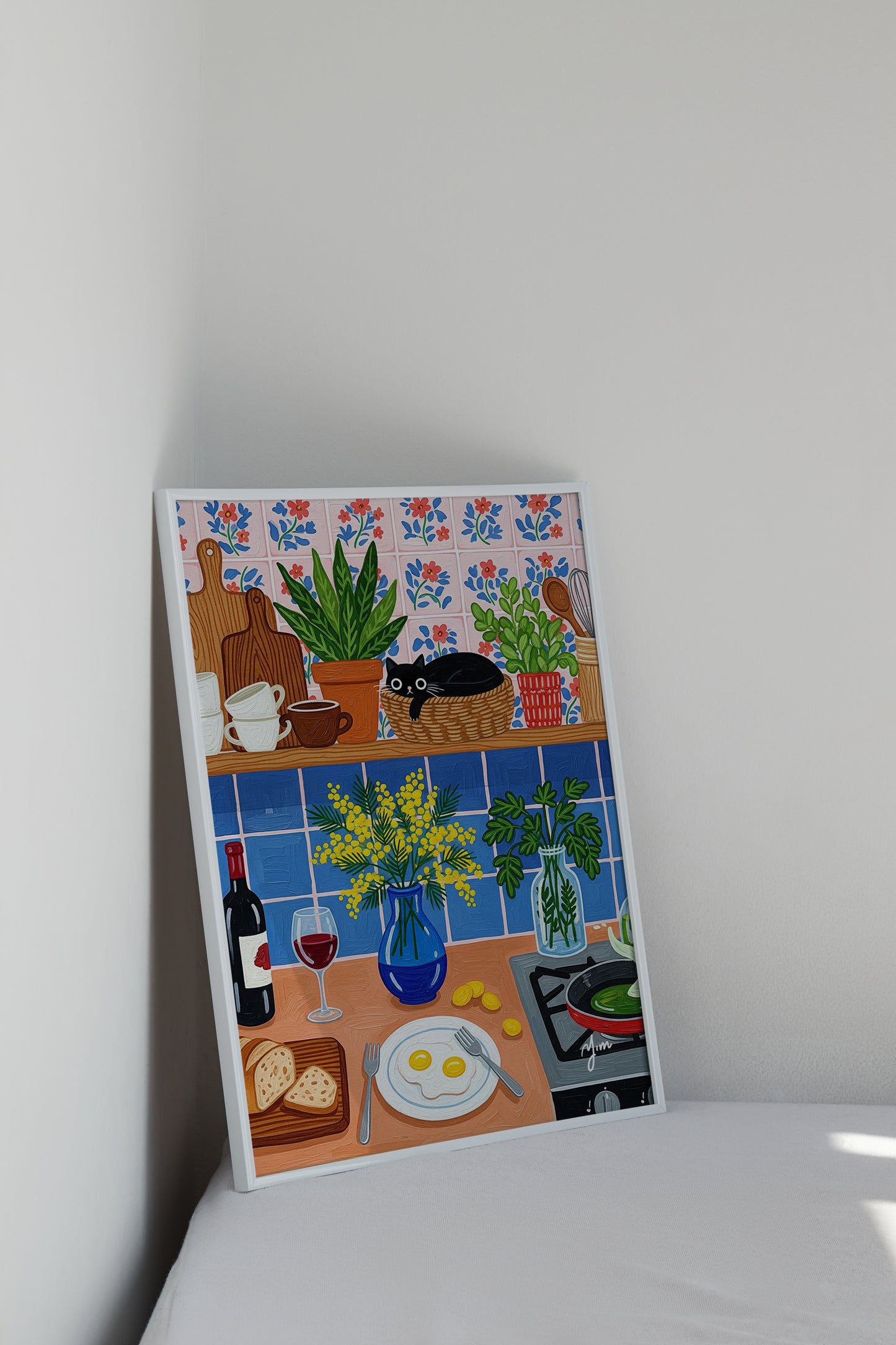 Black Cat Cozy Kitchen Breakfast Scene Rustic Floral Tile Illustration Art Print Poster