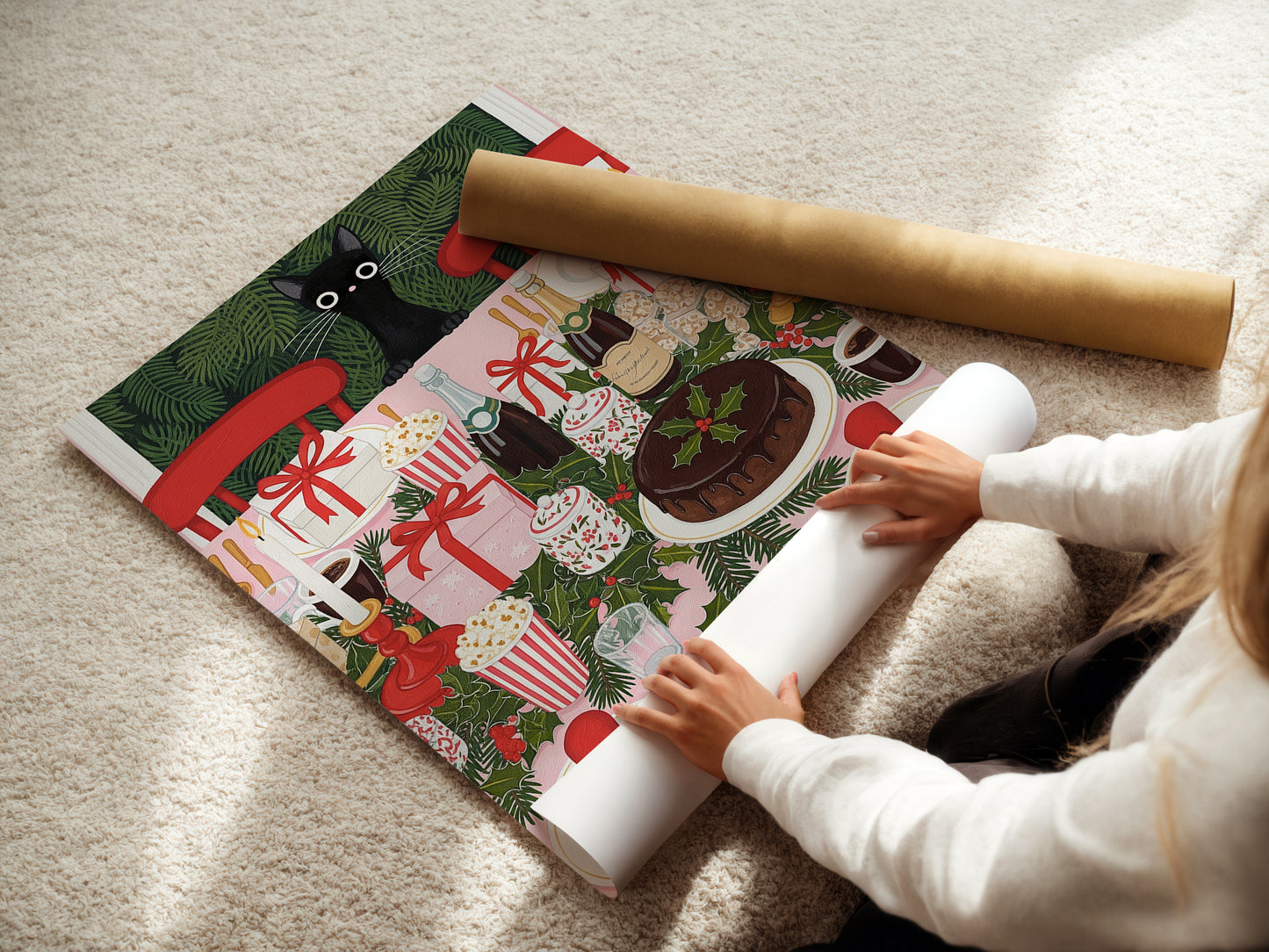  A vibrant and detailed art print depicting a black cat looking down from above onto a fully decorated Christmas dinner table. The table is set with red chairs white plates with red napkins silver cutlery bottles of champagne a chocolate cake with holly gifts candles and popcorn boxes all surrounded by green holly garlands.