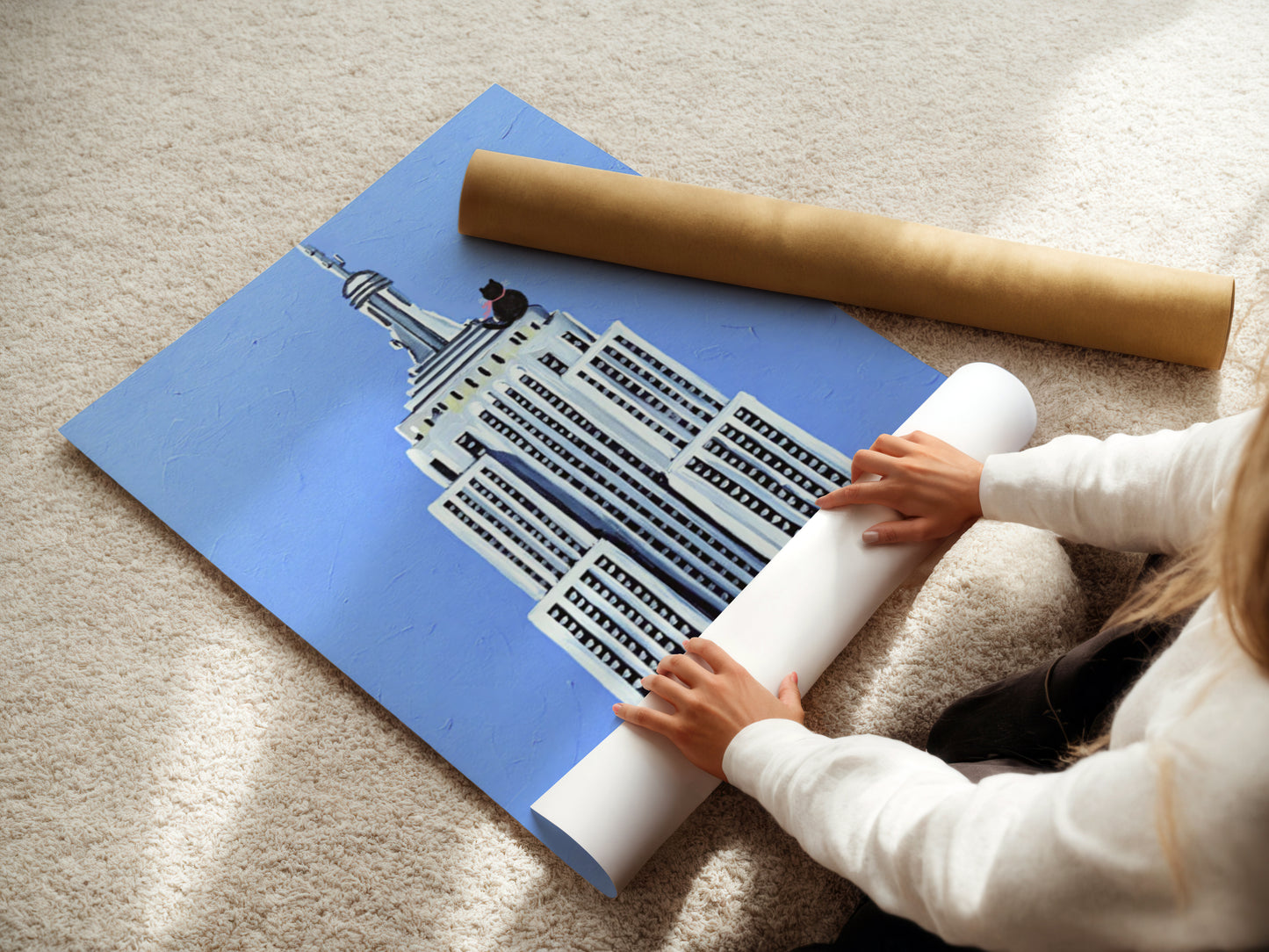 Cat on a Rooftop in New York City Blue Sky and White Building Wall Art Print Poster