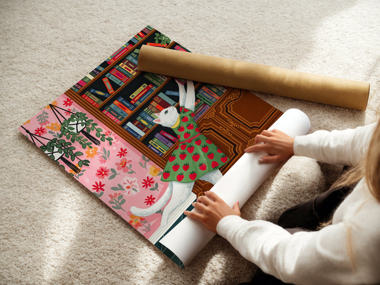 Whimsical illustration of a white cat in a strawberry dress reaching for a book in a vintage library with floral wallpaper, plants, and colorful books.

