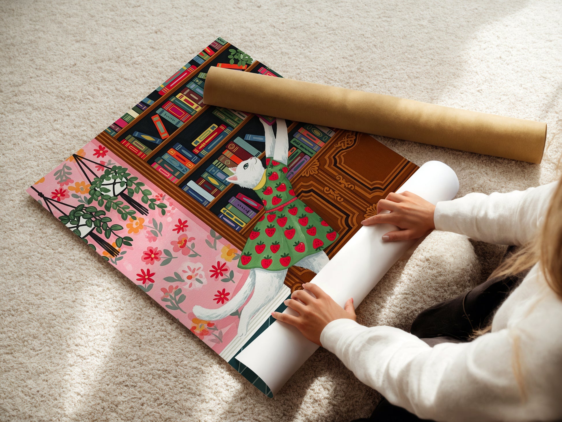 Whimsical illustration of a white cat in a strawberry dress reaching for a book in a vintage library with floral wallpaper, plants, and colorful books.


