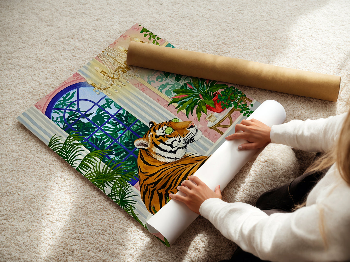 Cute Tiger Bathing Art Print Funny Animal Bathroom Decor Gouache Style Impasto Illustration Unique Wild Animal Portrait Humorous Wall Art Poster