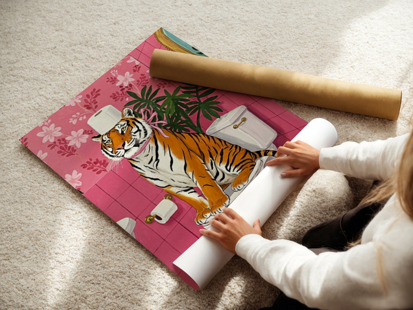 A colorful tiger sitting on a toilet in a tropical jungle-themed bathroom with bold dopamine colors and maximalist safari decor style