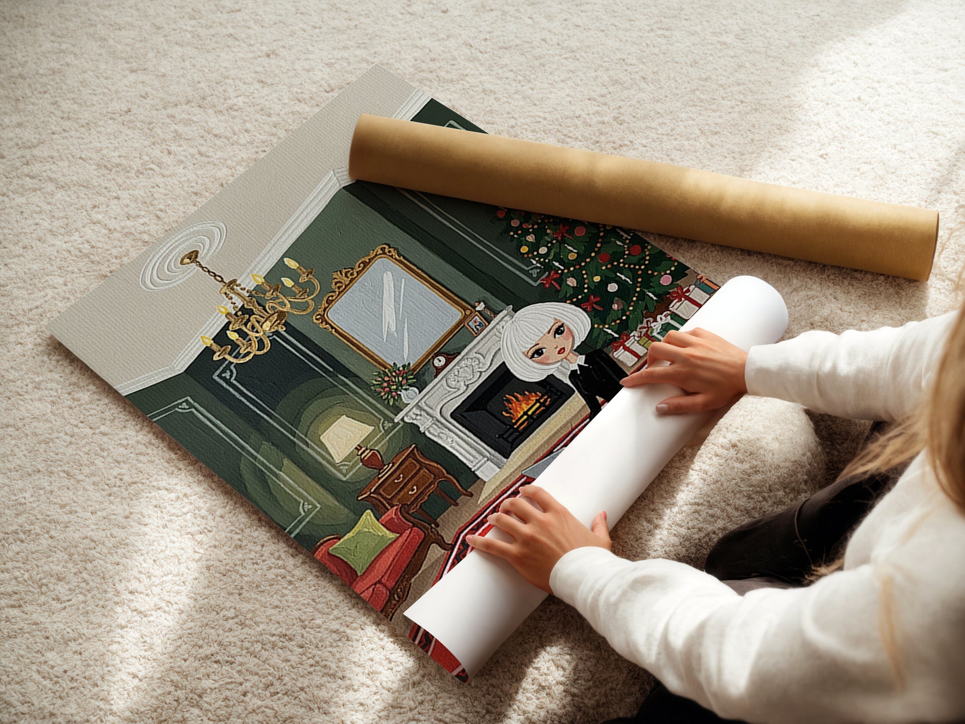 Illustration of a chic woman with short white hair sitting on a red rug using a laptop beside a fireplace, with a decorated Christmas tree and a white cat resting nearby in a cozy holiday interior.