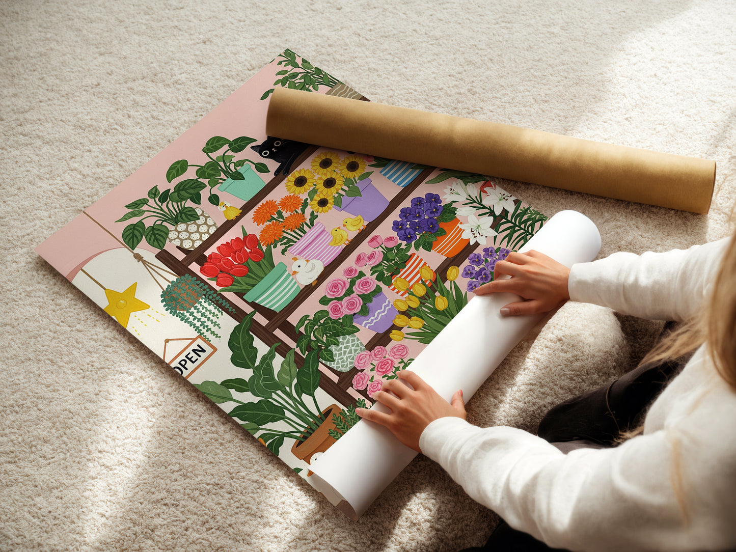 Whimsical Floral Shop Art Print Black Cat and Ducks with Colorful Spring Flowers Poster