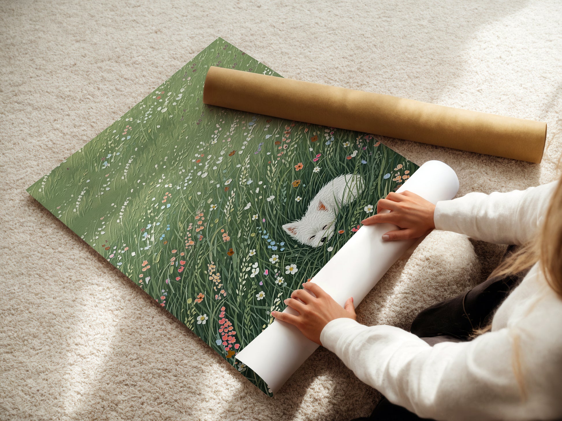 A white dog is peacefully sleeping in a lush green field full of wildflowers and tall grass, surrounded by colorful blooms in a serene natural setting.