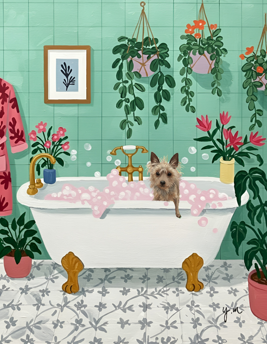 Digital Custom Pet Art Pintable Bubble Bath Illustration Cozy Spa Personalized Artwork Print