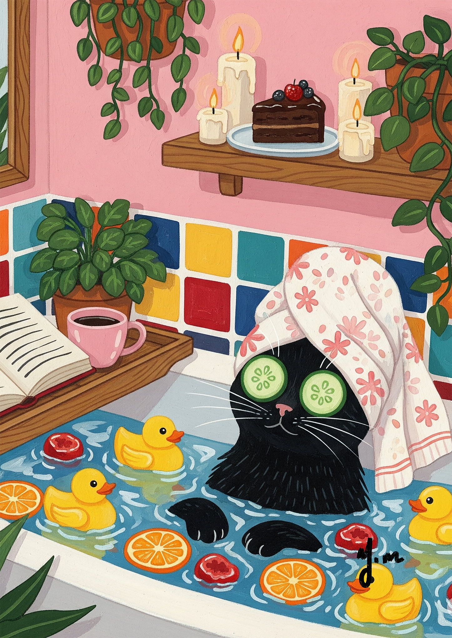Digital Download Black Cat Bubble Bath Illustration Cozy Spa Art with Rubber Ducks and Relaxing Bathroom Scene